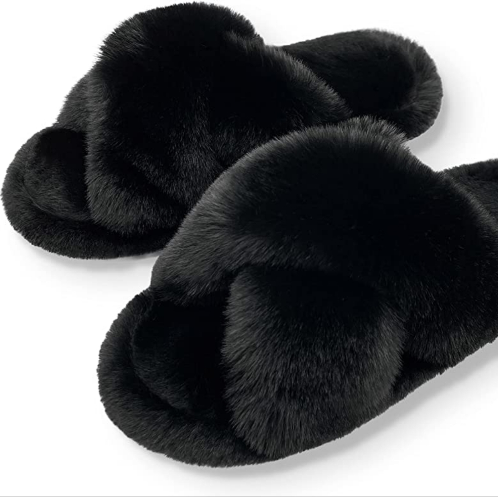 Memory Foam Cross Band Faux Fur Fuzzy Cozy Anti-Skid Slippers